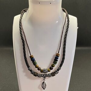 Brown and Silver Beaded Cord Necklace with Leaf Pendant